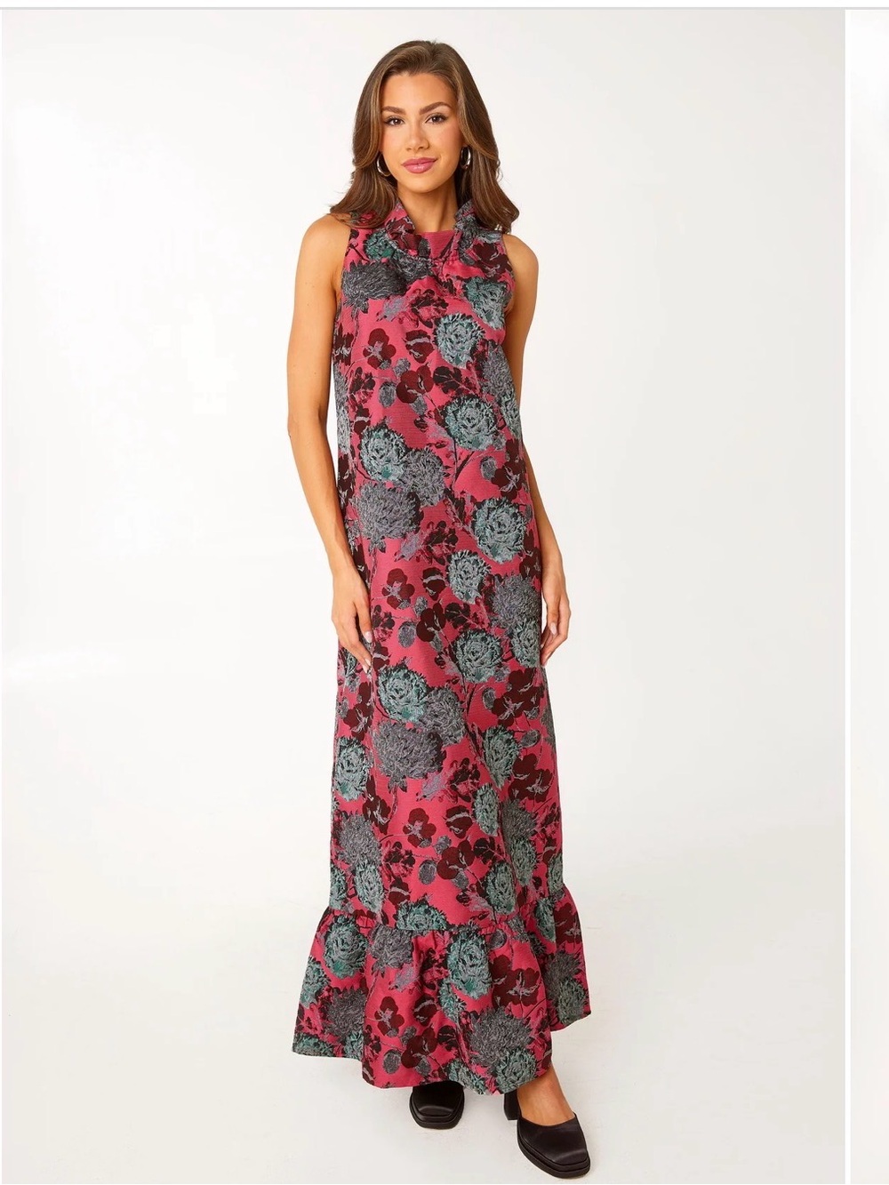 Abbey Glass Sleeveless Pink Floral Maxi Dress with Ruffle Hem